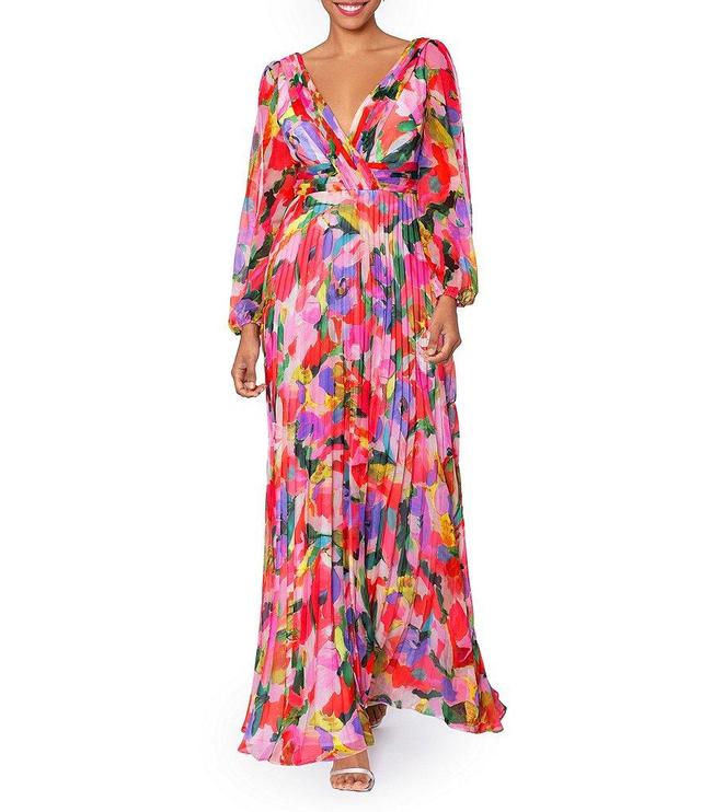 Betsy & Adam Floral V Neckline Long Sleeve Pleated Gown Product Image