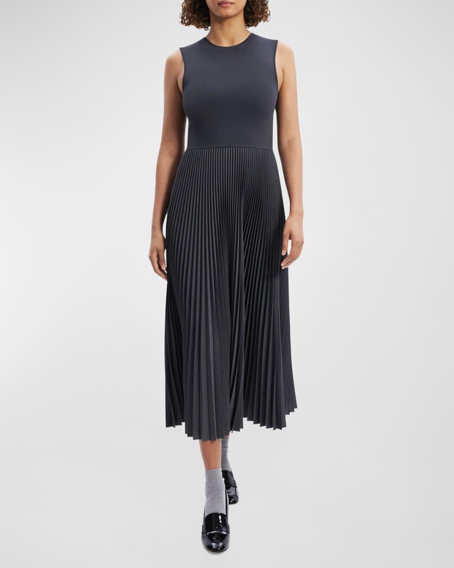 Combo Pleated Wool Suiting Sleeveless Midi Dress Product Image