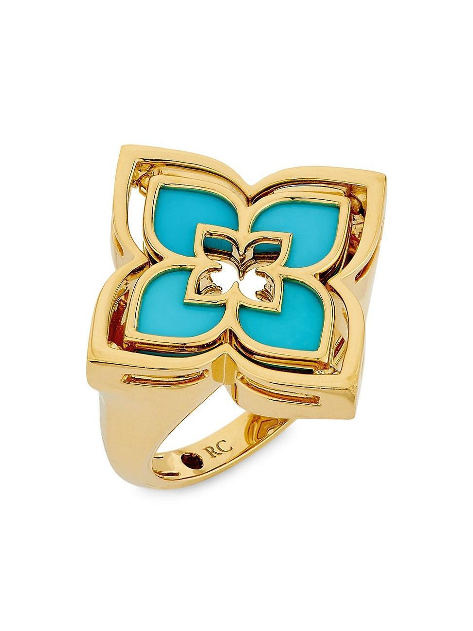 Womens Venetian Princess 18K Yellow Gold, Turquoise & 0.03 TCW Diamond Pirouette Flower Ring Product Image