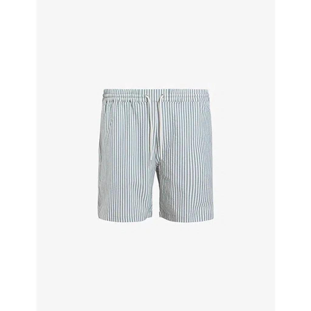 Warden Elasticated-waist Striped Woven Swim In White/grey Product Image