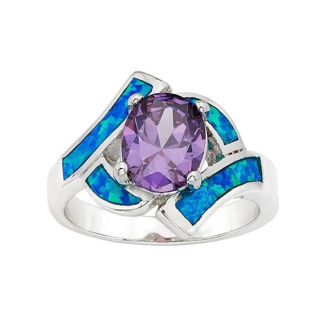 Cubic Zirconia & Lab-Created Blue Opal Sterling Silver Bypass Ring, Womens Multicolor Product Image