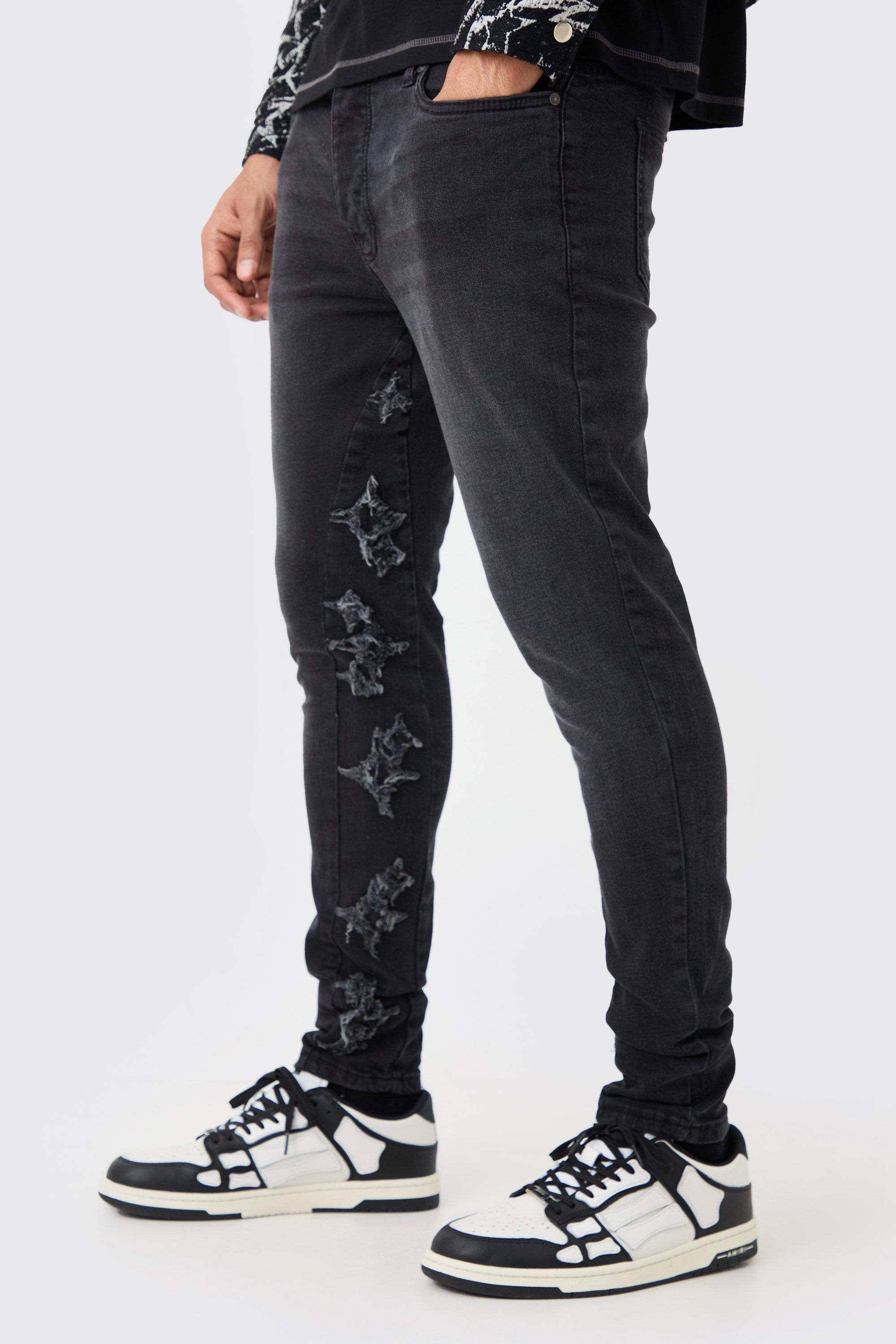 Skinny Stretch Applique Gusset Jeans In Washed Black | boohooMAN USA Product Image