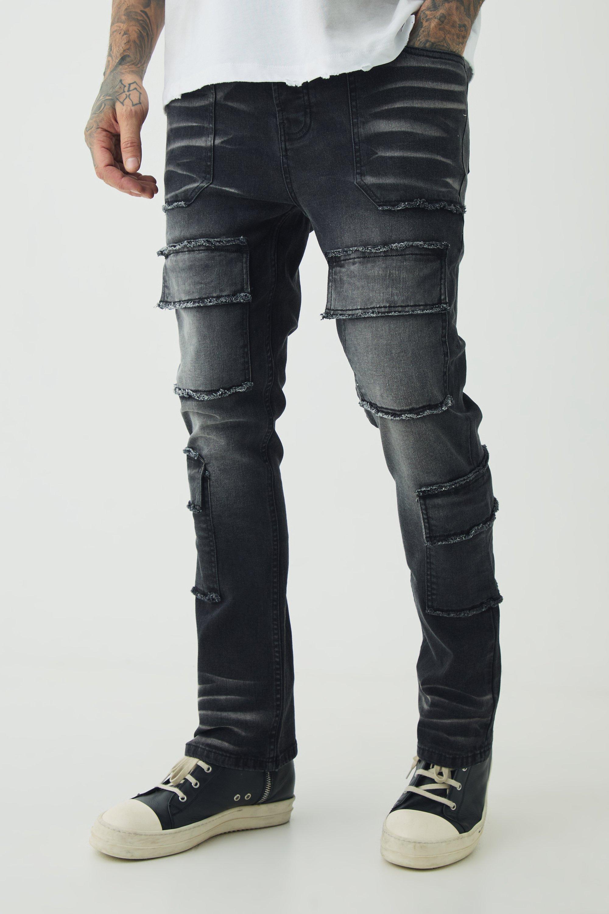 Tall Raw Seam Detail Stretch Skinny Cargo Flared Jeans | boohooMAN USA Product Image