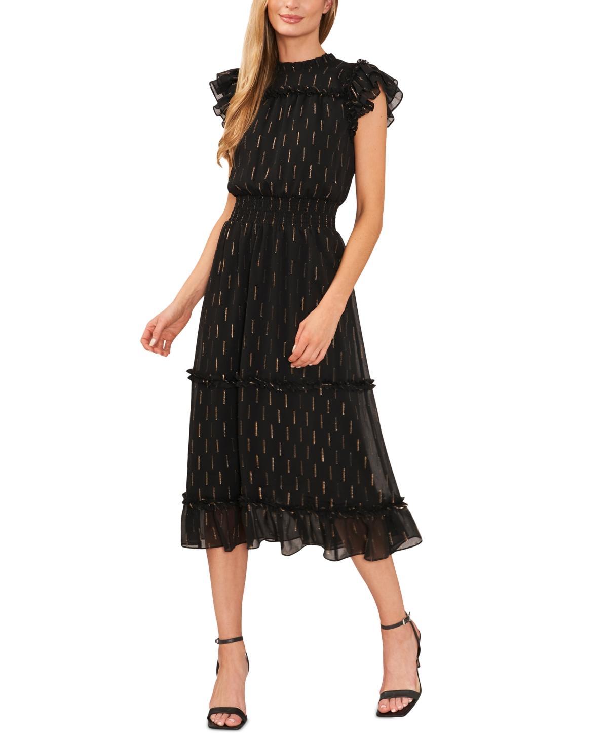 CeCe Womens Metallic Print Ruffled Smocked Waist Midi Dress Product Image