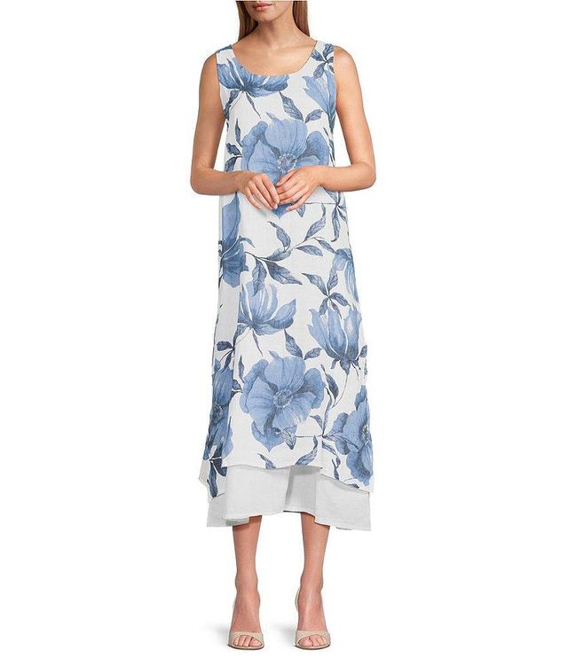 M Made In Italy Linen Floral Scoop Neck Sleeveless Side Slit Layered Midi Shift Dress Product Image