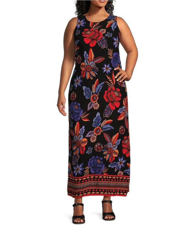 Slim Factor by Investments Plus Size Garden Border Print Sleeveless Scoop Neck Maxi Dress Product Image