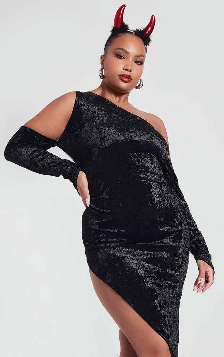 Plus Black Crushed Velvet Asymmetric Midi Dress Product Image