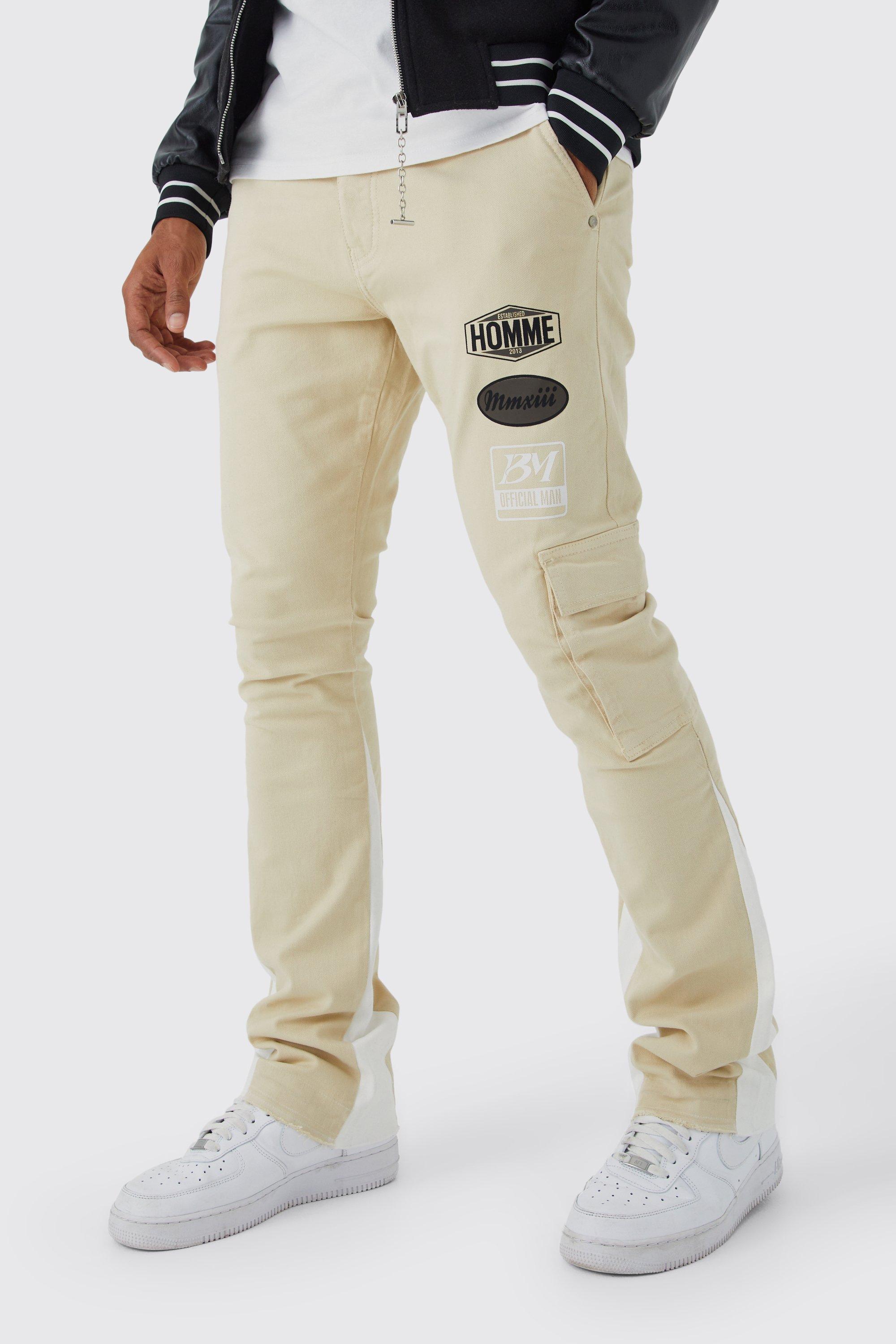 Fixed Waist Slim Flare Moto Badge Cargo Pants | boohooMAN USA Product Image