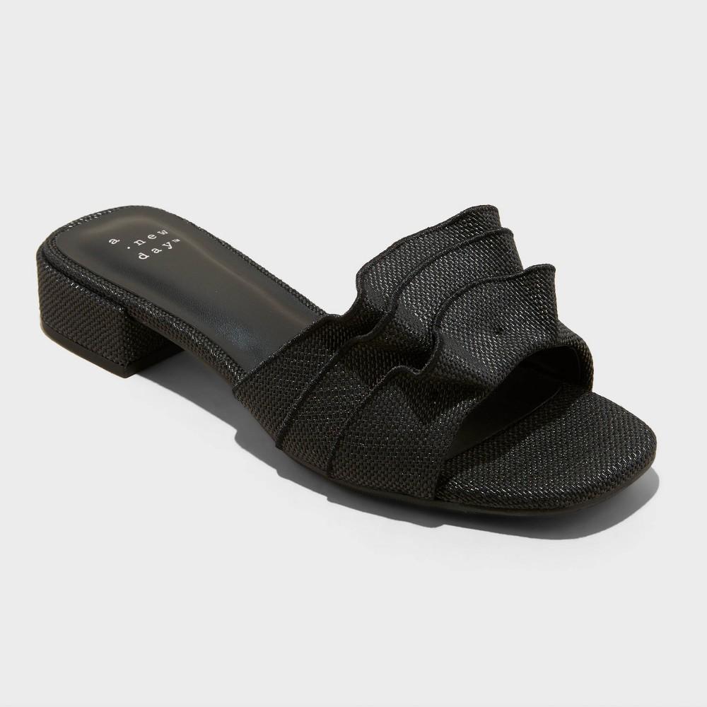 Womens Lyta Raffia Ruffle Sandals with Memory Foam Insole - A New Day Black 5 Product Image