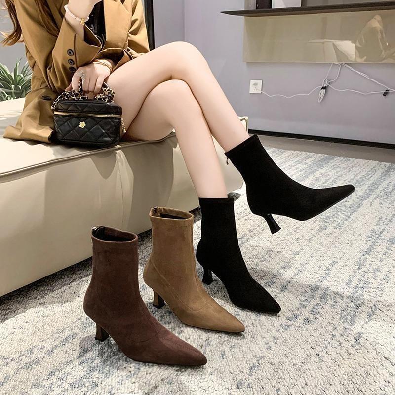 Pointed Toe Faux Suede High Heel Short Boots Product Image