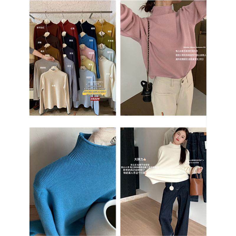 Long-Sleeve Turtleneck Ribbed Knit Top Product Image