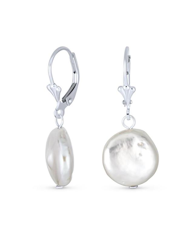 Bling Jewelry Baroque Irregular Round Coin Shaped White Biwa Coin Freshwater Cultured Pearl Dangle Earrings For Women Sterling Silver Lever back - Sil Product Image