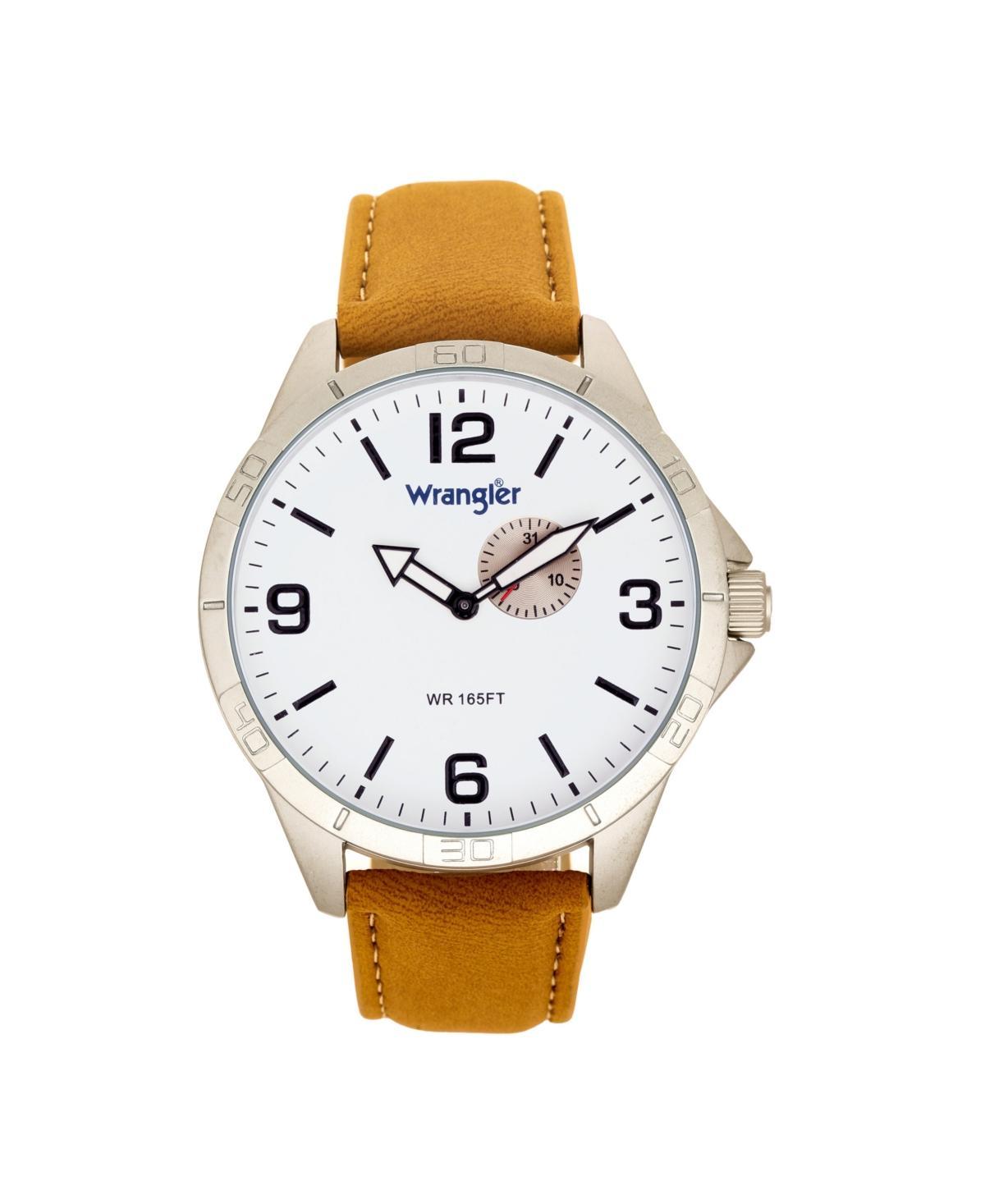 Wrangler Mens Watch, 48MM Ip Silver Case with White Dial, Second Hand Sub Dial, Tan Strap - Tan Product Image