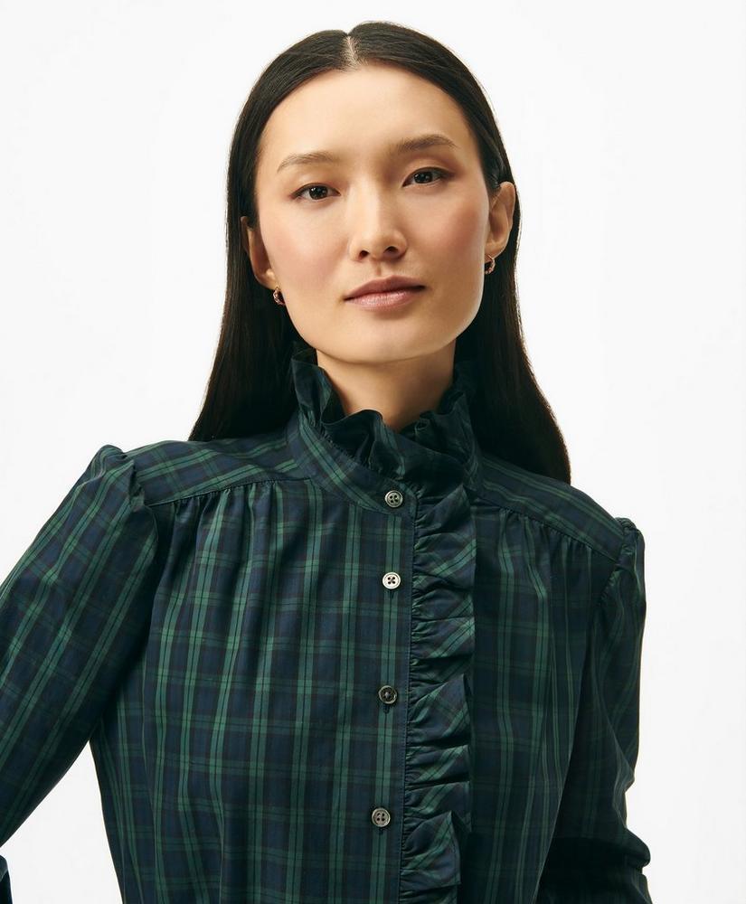 Belted Ruffle-Detail Shirt Dress in Black Watch Supima® Cotton Product Image