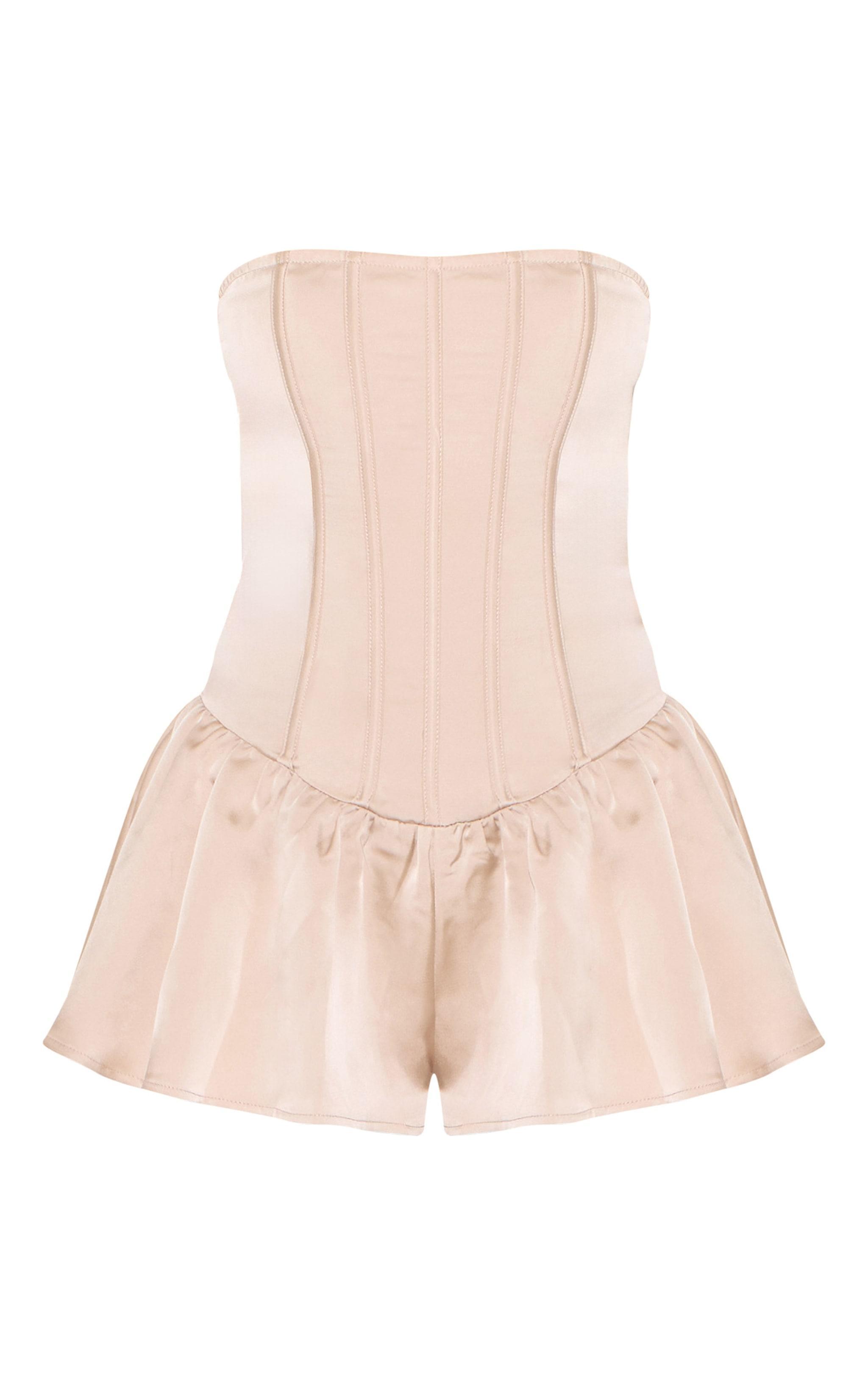 Champagne Satin Corset Detail Bandeau Romper Product Image