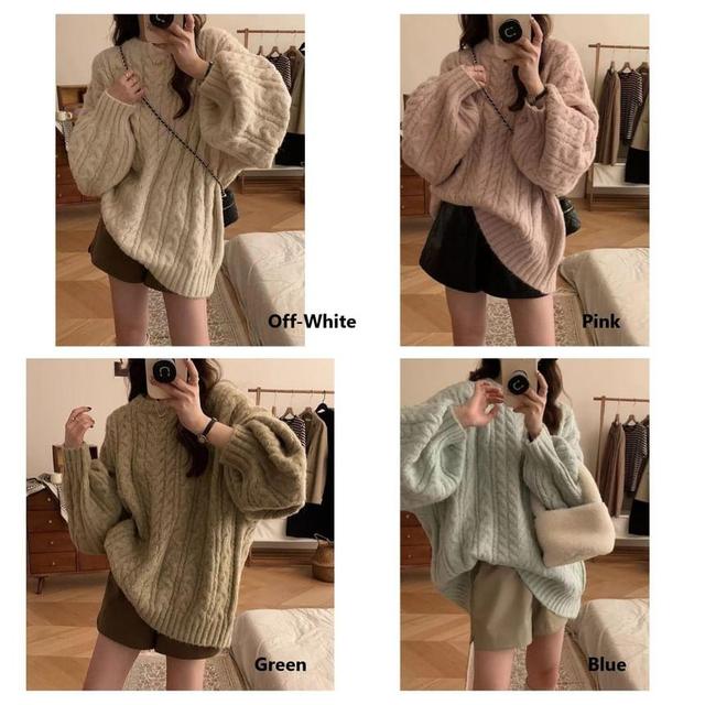 Crewneck Cable Knit Plain Sweater Product Image