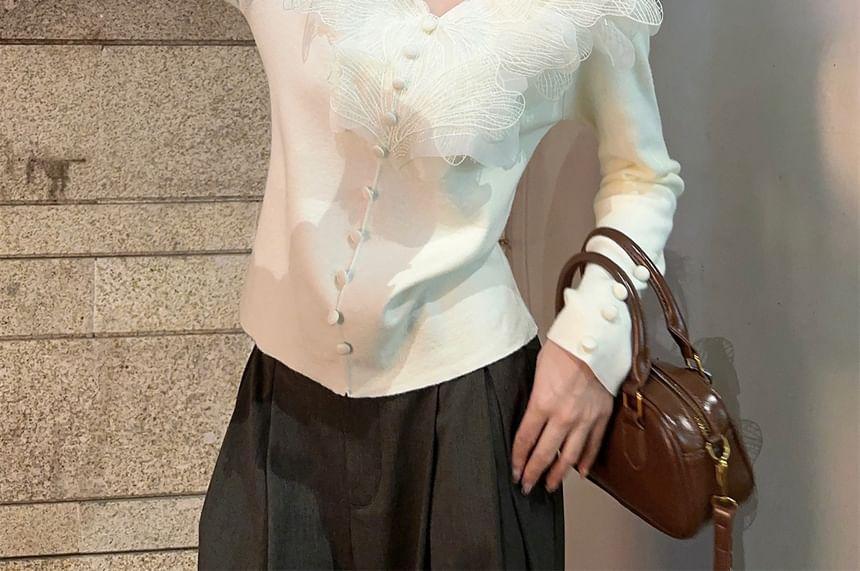 Long-Sleeve V-Neck Plain Lace Panel Button Accent Top Product Image