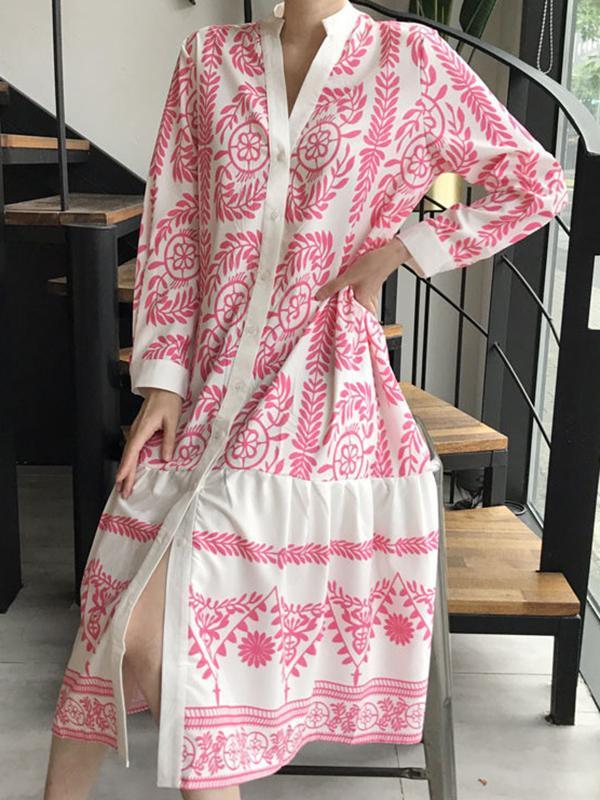 Long Sleeves Loose Leaves Print Printed Stand Collar Midi Dresses Product Image