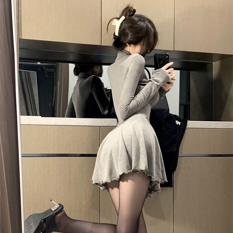 Long-Sleeve Turtleneck Plain Mini A-Line Dress Product Image