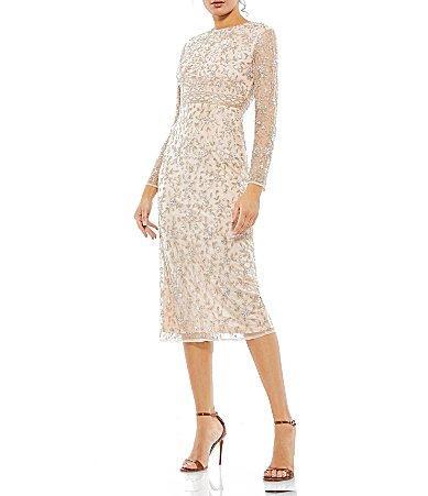 Womens Floral Beaded Long Sleeve Sheath Dress Product Image