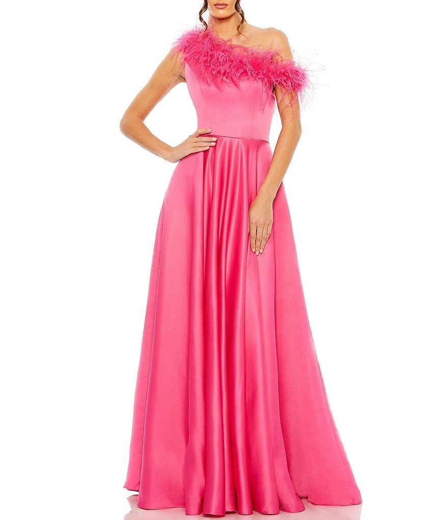 Mac Duggal Satin One Shoulder Sleeveless Feather Trim Gown Product Image