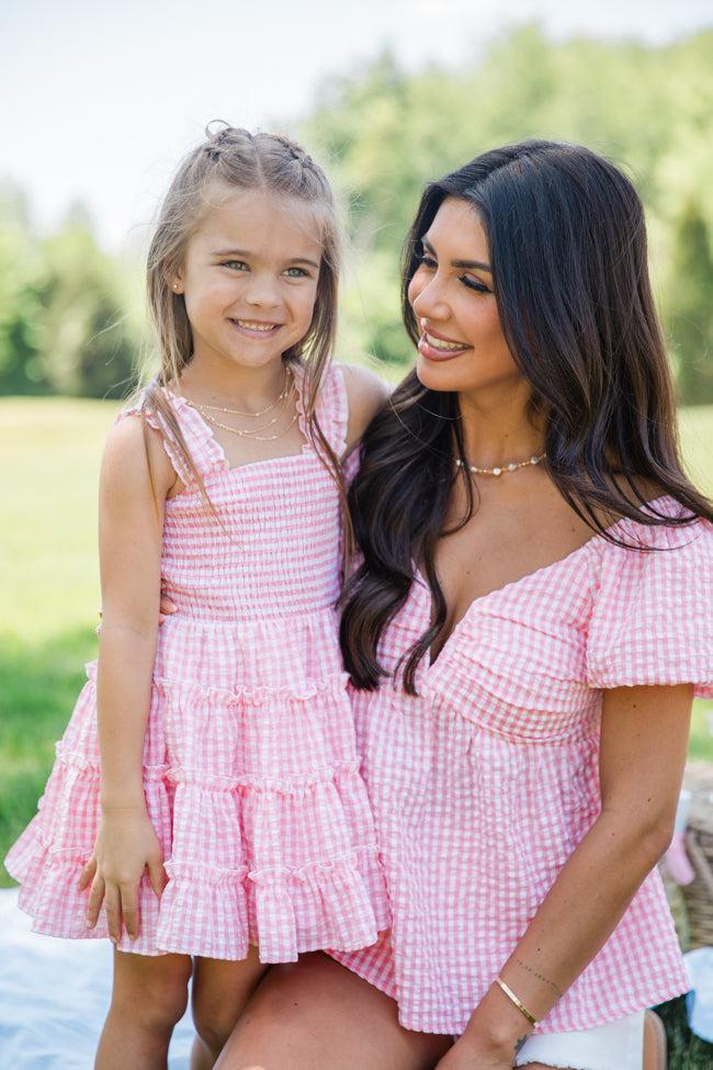 Kid's Time Spent Together Pink Gingham Smocked Dress Product Image