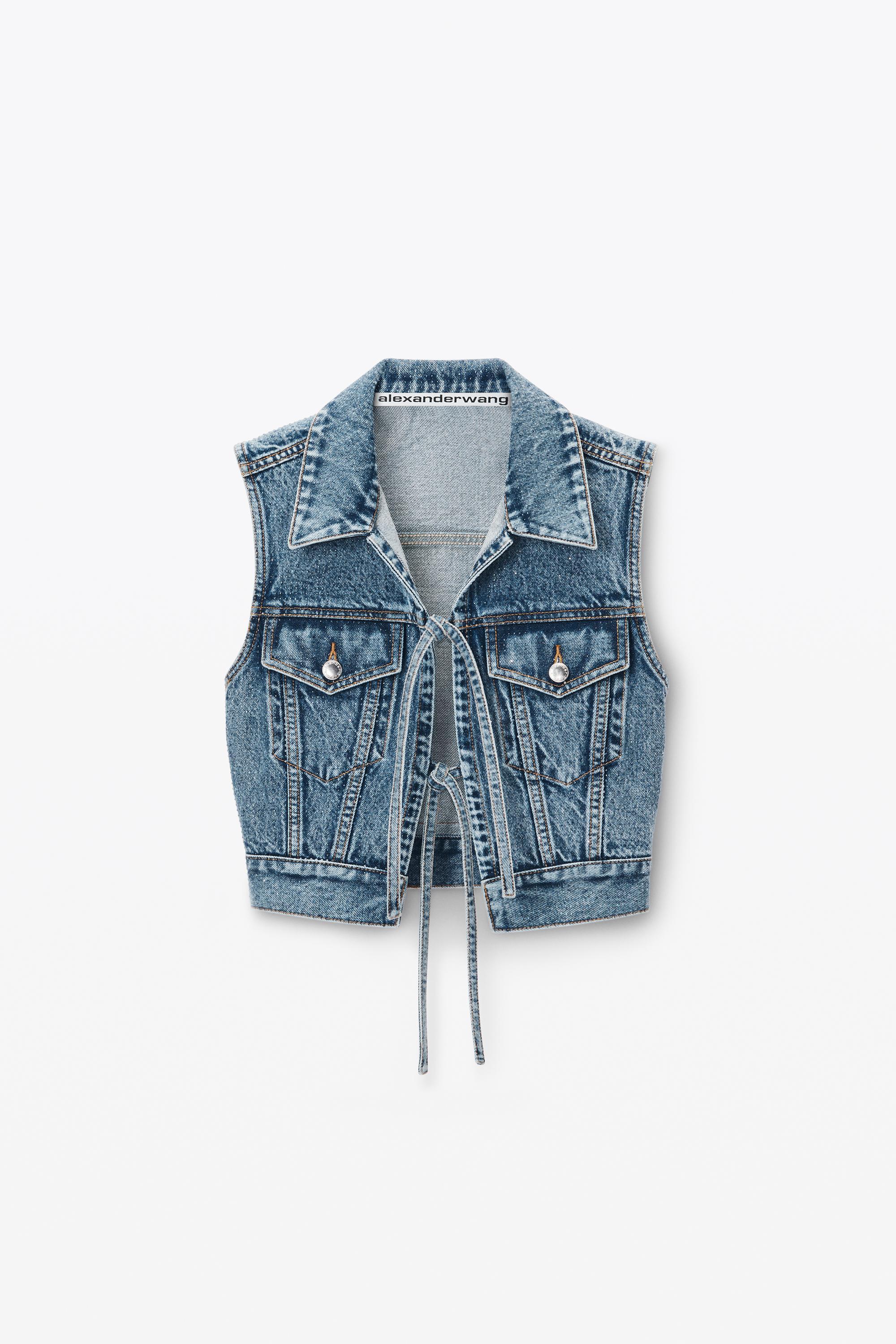 Clear Bead Hotfix Denim Vest With Tie Front Product Image