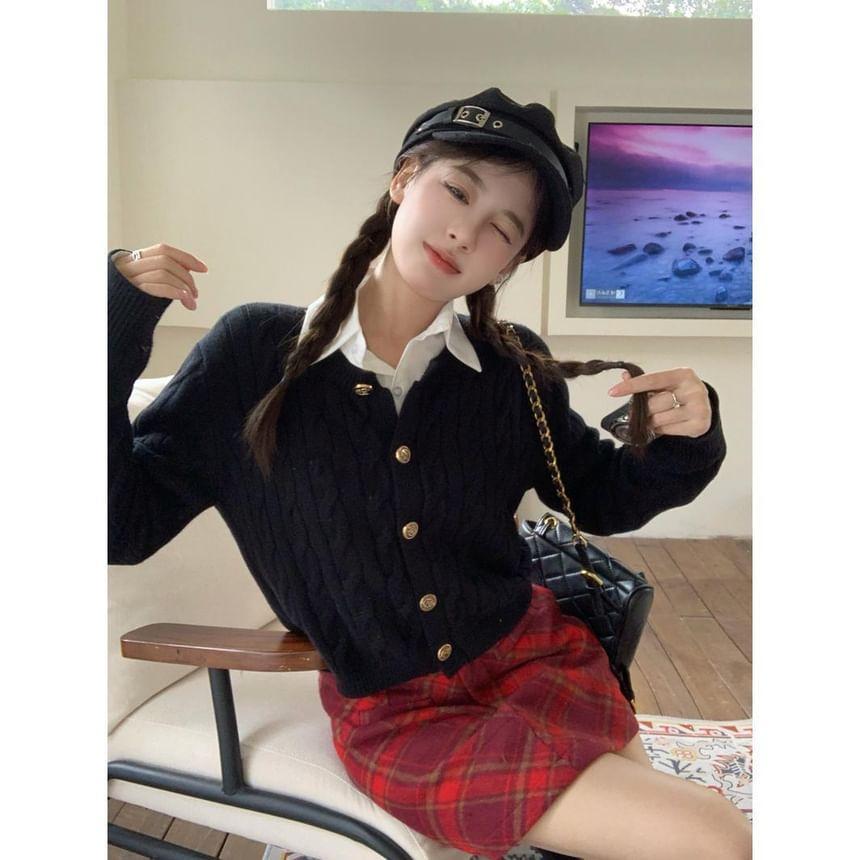 Crew Neck Plain Cable Knit Button-Up Crop Cardigan / High Rise Plaid Mini Pencil Skirt Product Image