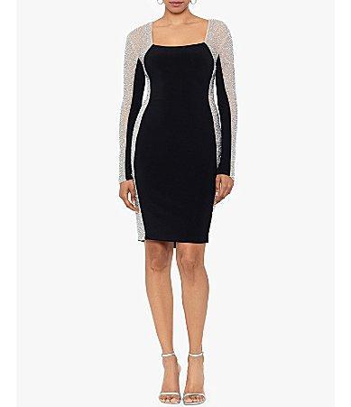 Xscape Stretch Square Neckline Beaded Long Sleeve Bodycon Dress Product Image