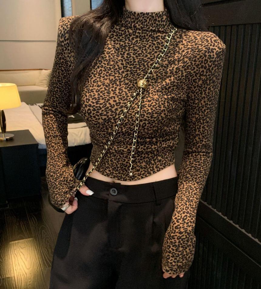 Long-Sleeve Mock Neck Leopard Print Crop Top Product Image