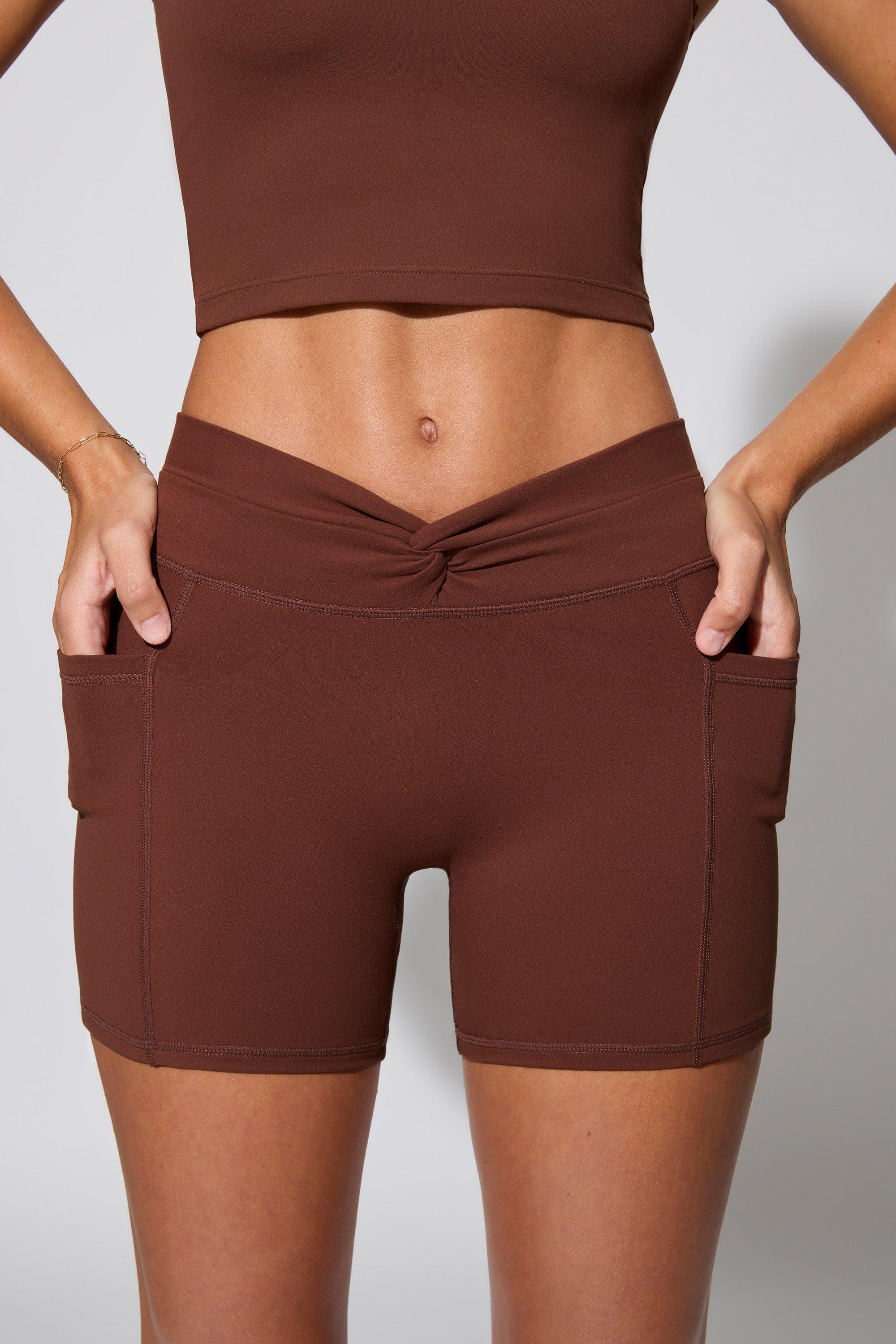 Twist Waist Mini Shorts with Pockets in Chocolate Product Image