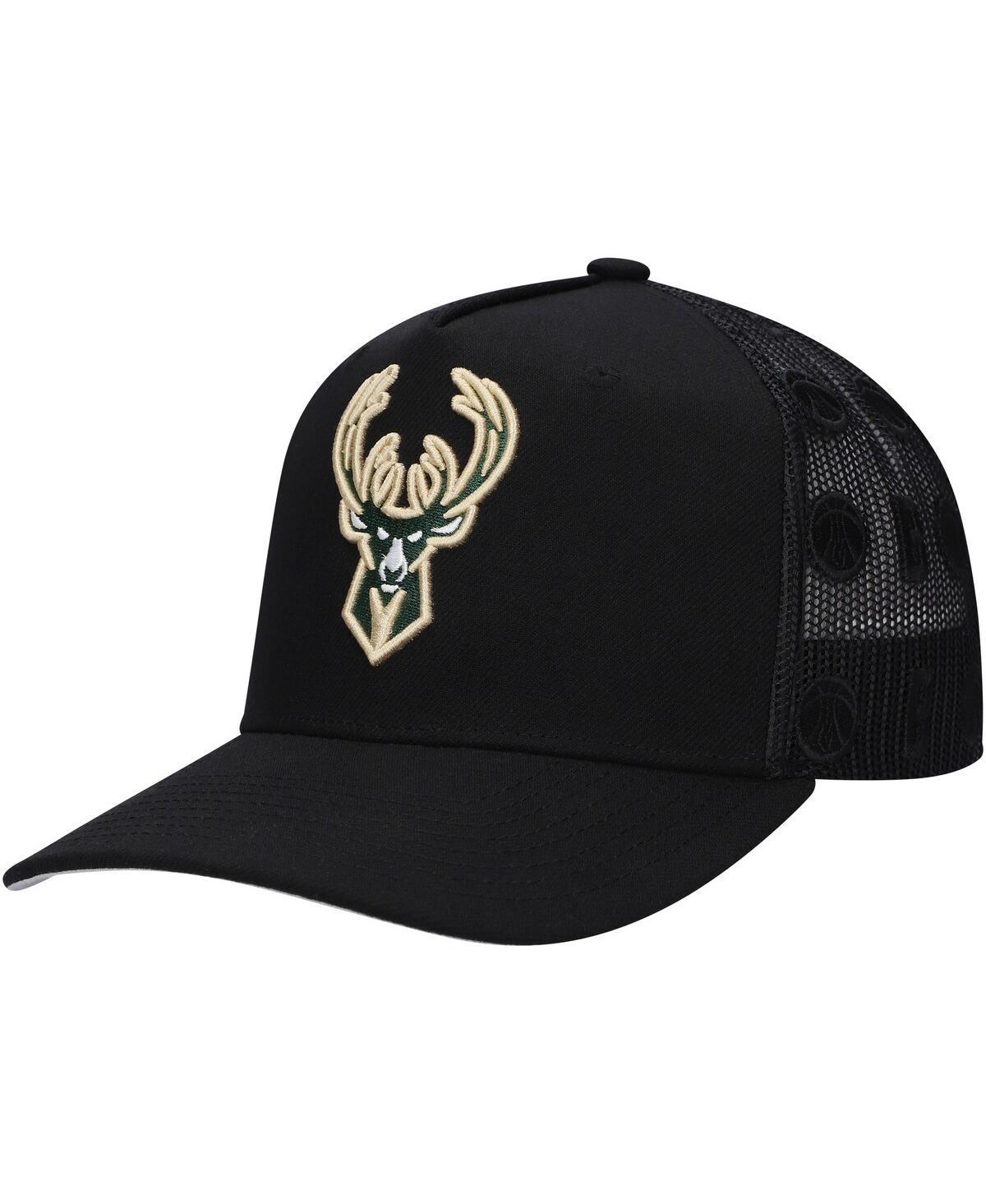 Mitchell & Ness Mens Black Milwaukee Bucks Monogram All-Over Logo Mesh Trucker Adjustable Hat Product Image