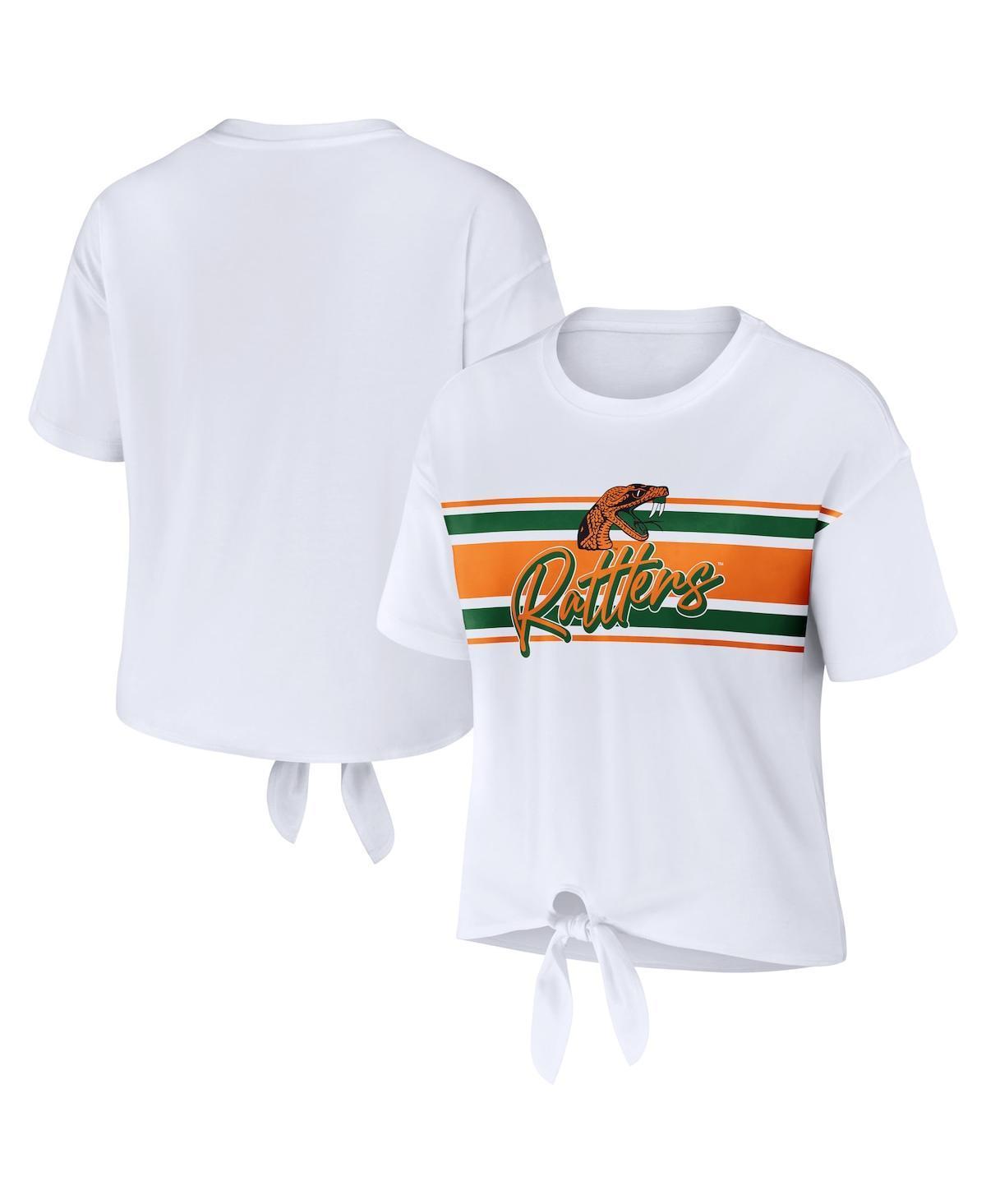 Womens Wear by Erin Andrews White Florida A&M Rattlers Striped Front Knot Cropped T-shirt Product Image