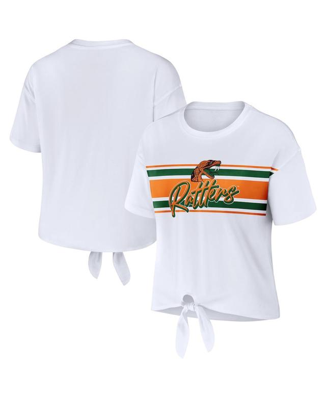 Womens Wear by Erin Andrews White Florida A&M Rattlers Striped Front Knot Cropped T-shirt Product Image