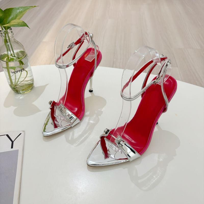 Stiletto Pointed Toe Ankle Strap Metallic Patent Leather Slingback Sandals Product Image