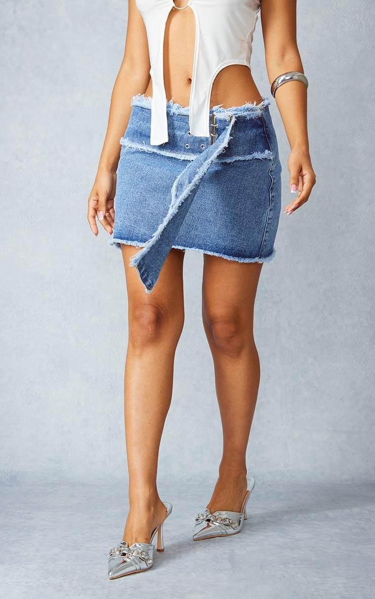 Petite Light Blue Wash Frayed Belt Detail Denim Mini Skirt Product Image