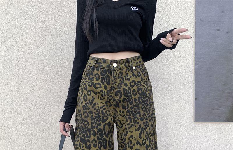 Leopard Print High Waist Wide Leg Jeans Product Image