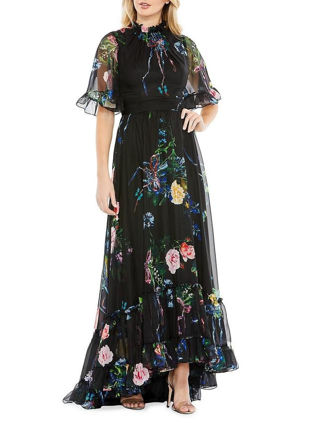 Womens Floral High-Neck Flutter-Sleeve Gown Product Image