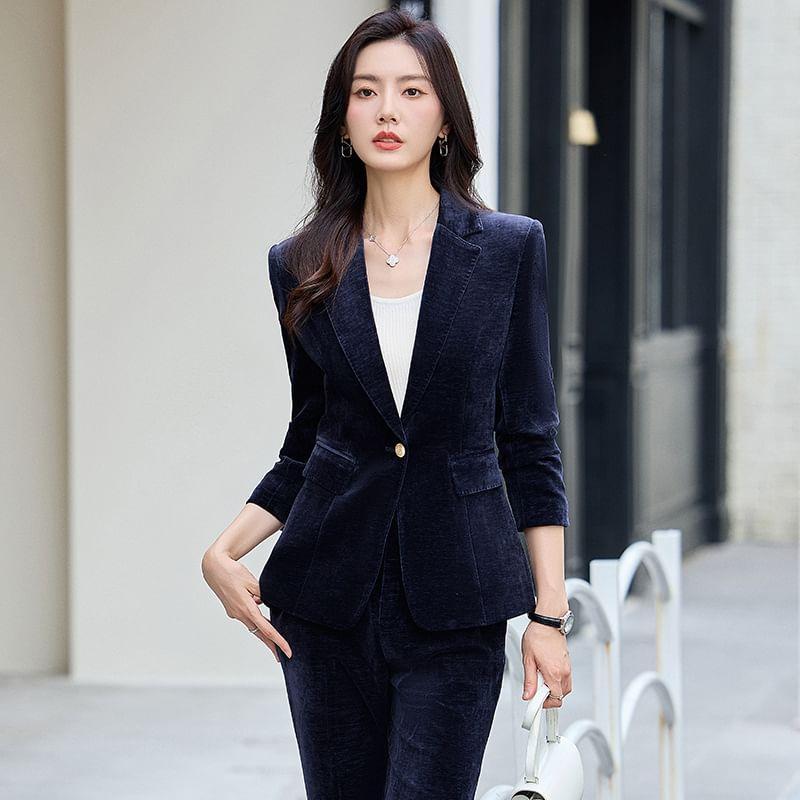 Notch Lapel Plain Velvet Single Breasted Blazer / High Rise Flared Slacks / Set Product Image