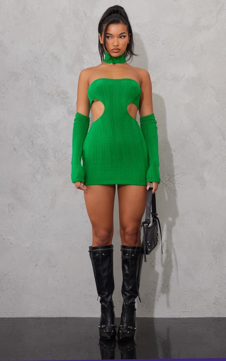 Emerald Green Wide Rib Knit Cut Out Dress & Sleeves & Collar Product Image