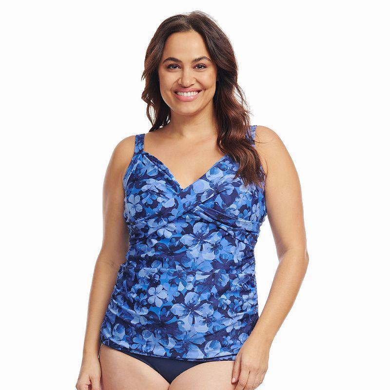 Plus Size Mazu Iridescent Blooms Wrap Front Tankini Swim Top, Womens Product Image