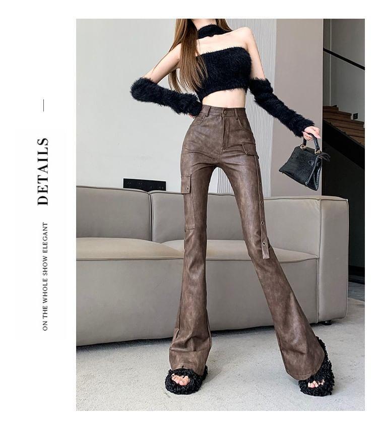 High Rise Faux Leather Flared Pants Product Image