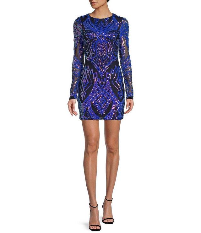 Blondie Nites Sequin Pattern Round Neck Long Sleeve Bodycon Dress Product Image