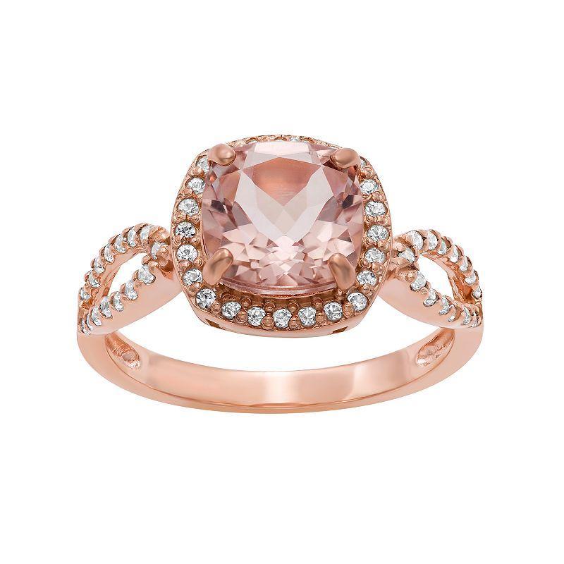 14k Rose Gold Over Silver Simulated Morganite and Lab-Created White Sapphire Halo Ring, Womens, Size: 6, Pink Product Image