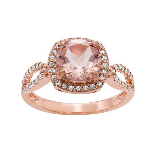 14k Rose Gold Over Silver Simulated Morganite and Lab-Created White Sapphire Halo Ring, Womens, Size: 6, Pink Product Image