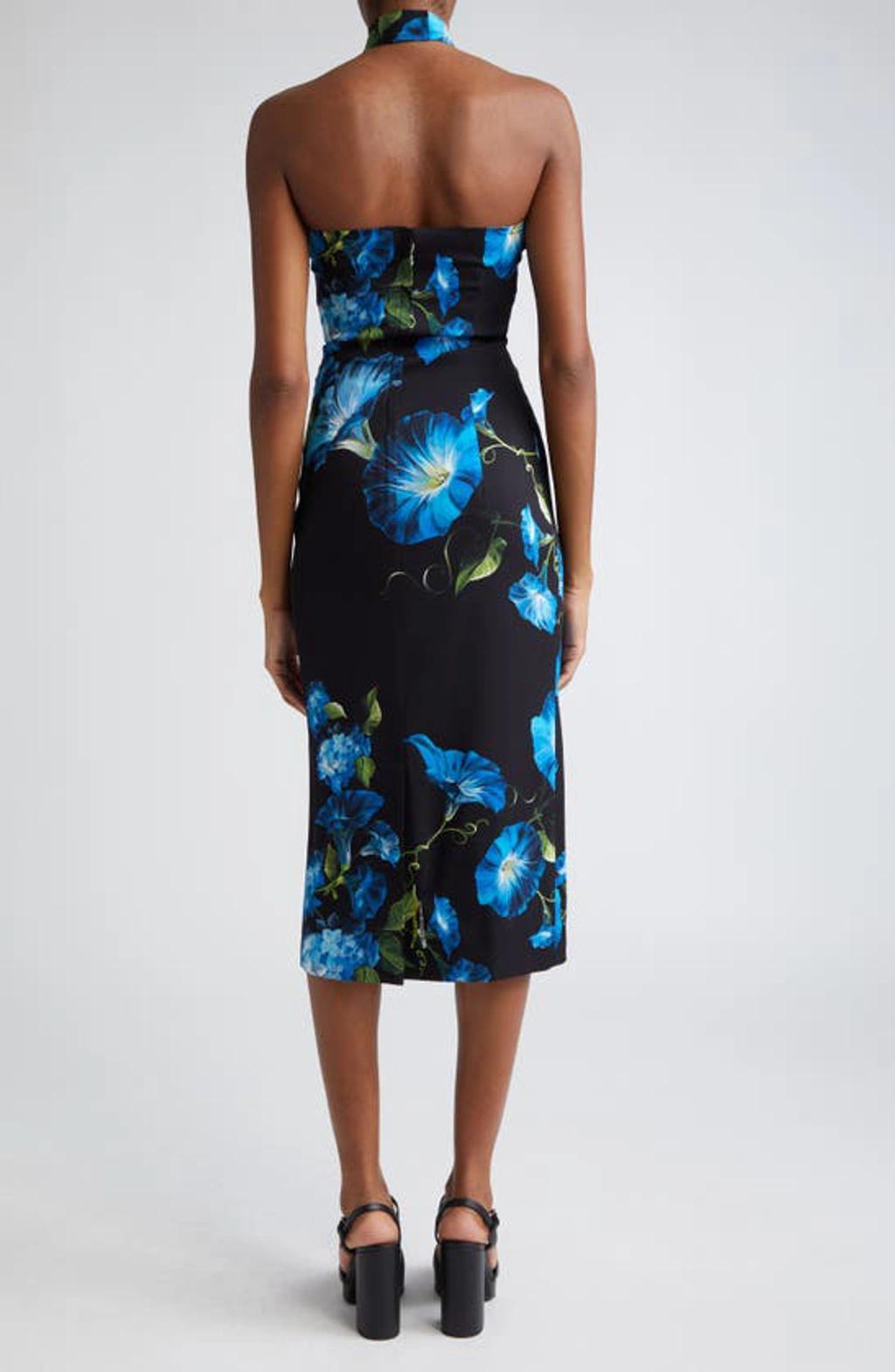 DOLCE & GABBANA Blue Bell Floral Print Halter Midi Dress In Campanule Nero Product Image