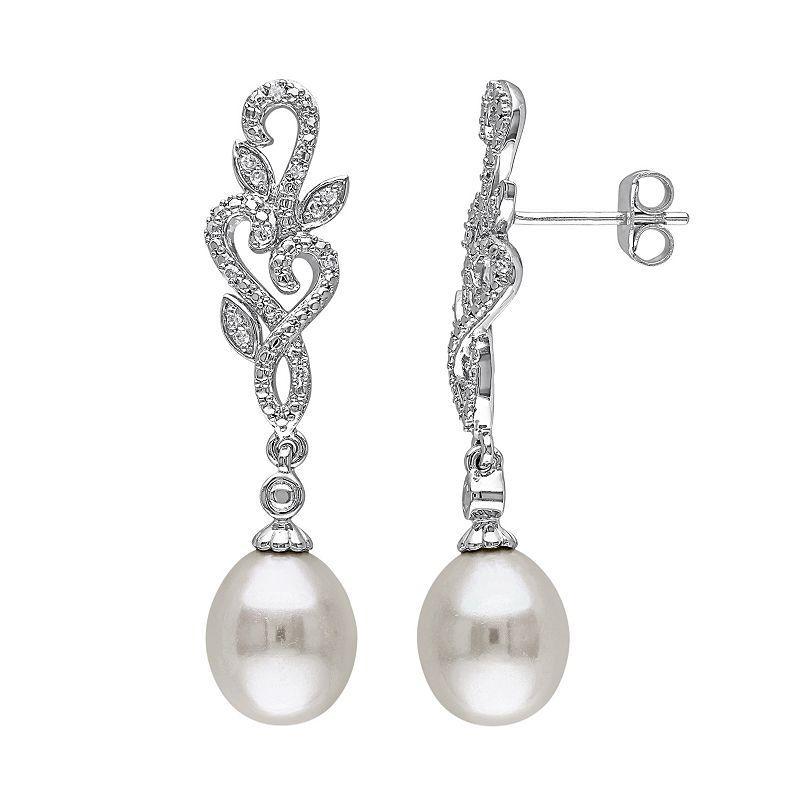 Stella Grace Freshwater Cultured Pearl & 1/10 Carat T.W. Diamond Sterling Silver Drop Earrings, Womens, White Product Image