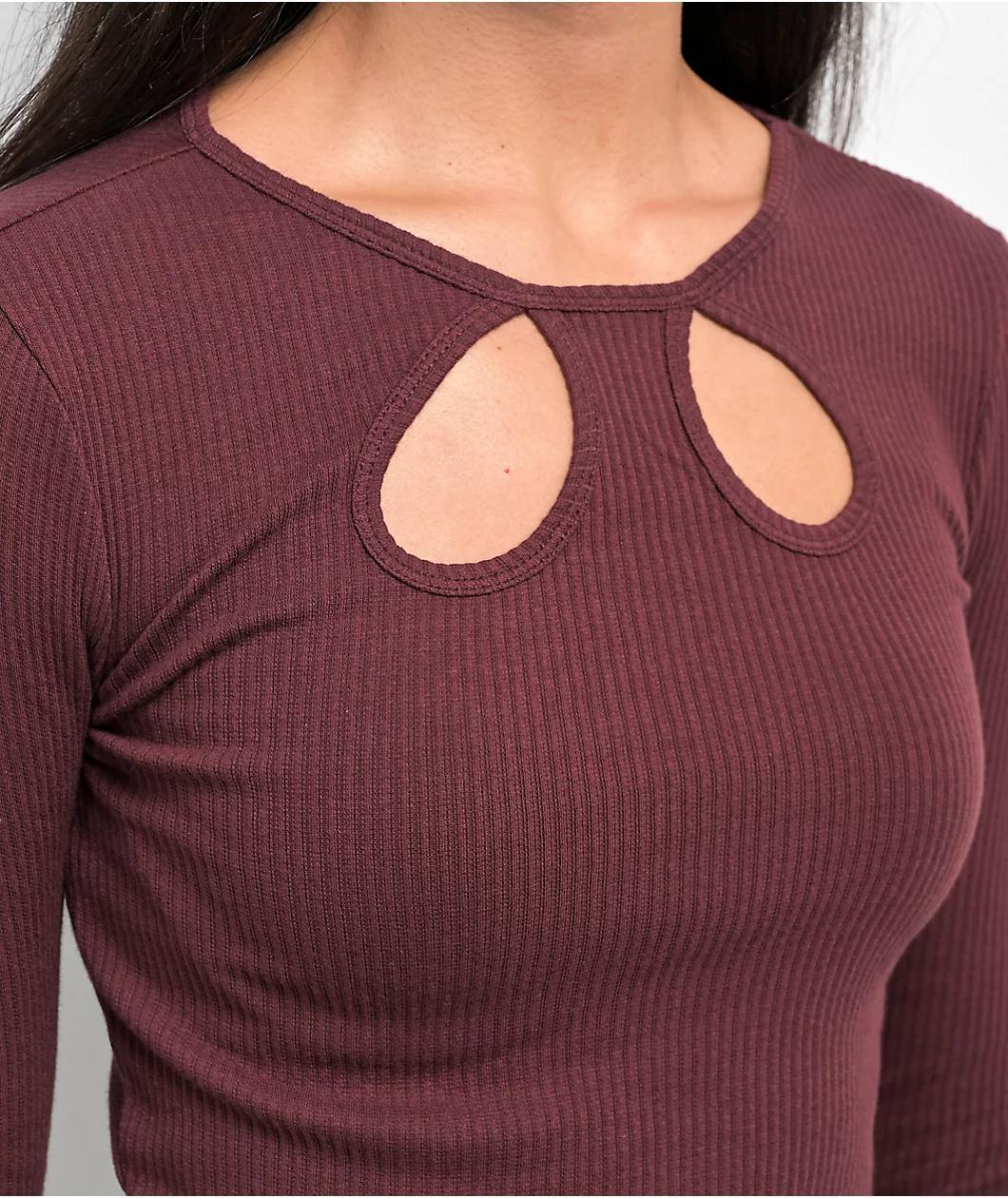 Fivestar Cutout Deep Plum Long Sleeve Crop Top Product Image