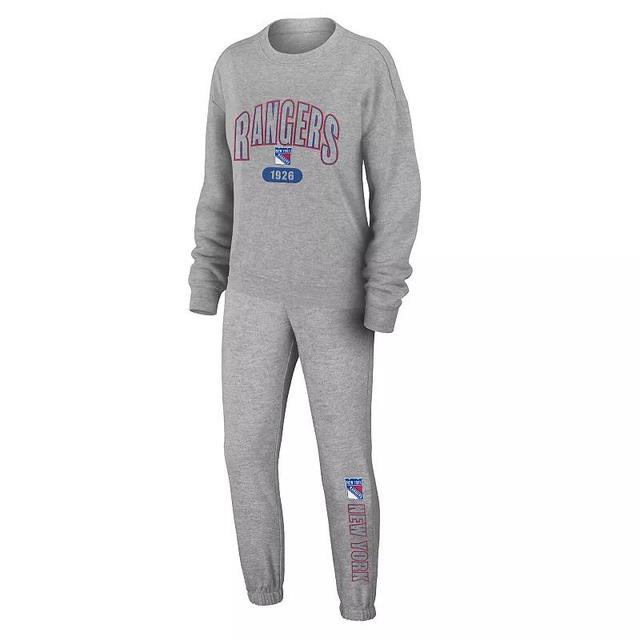 Womens Wear by Erin Andrews Heather Gray New York Rangers Knit Long Sleeve Tri-Blend T-shirt and Pants Sleep Set Product Image