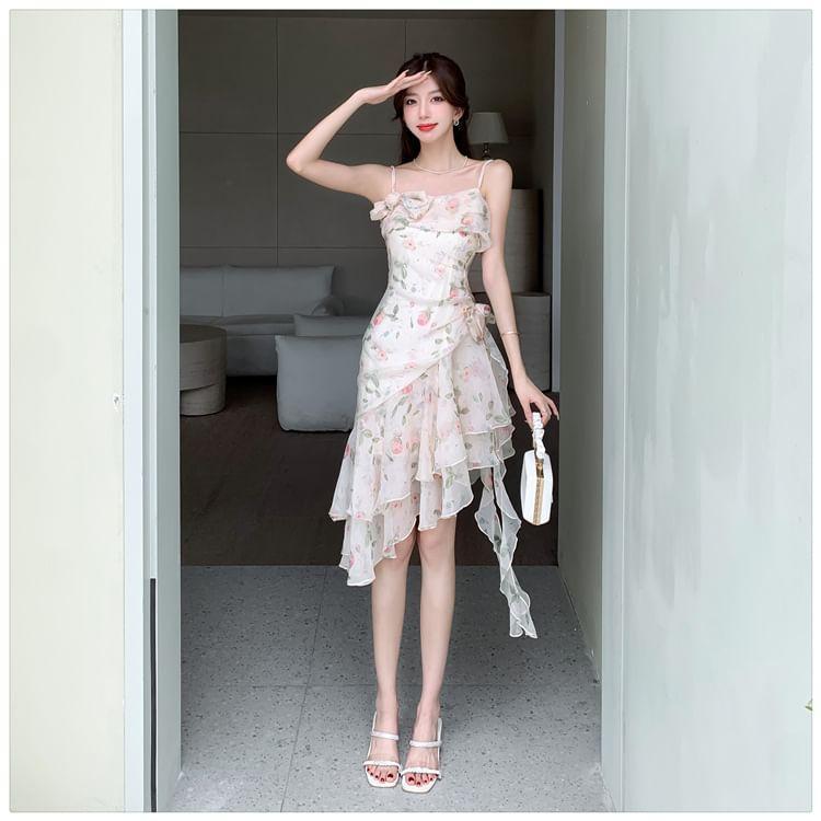 Spaghetti Strap Floral Print Asymmetrical Bow Accent Layered Ruffle A-Line Dress Product Image